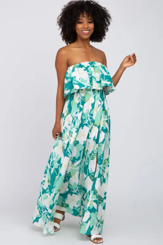 Green Floral Flounce Strapless Maxi Dress sold by Pinkblush
