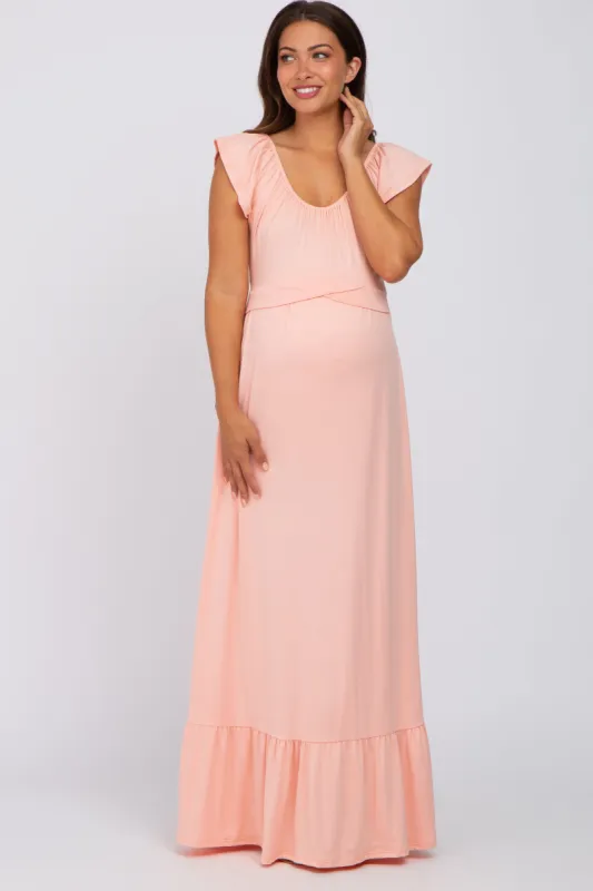 Peach Off Shoulder Tie Back Maternity Maxi Dress sold by Pinkblush