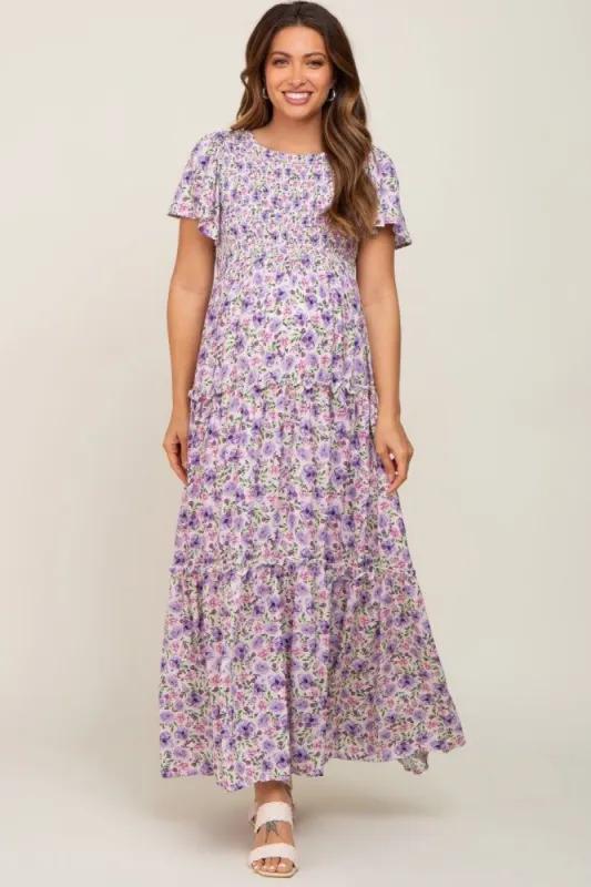 Lavender Floral Smocked Scoop Back Ruffle Hem Maternity Maxi Dress sold by Pinkblush