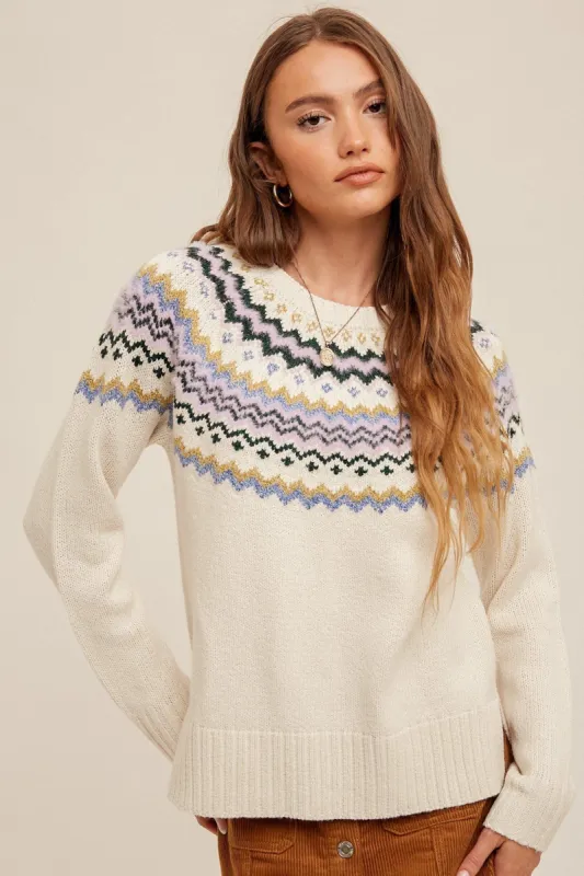Cream Multi Color Detailed  Fairisle Sweater sold by Pinkblush