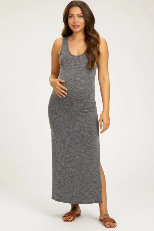 Charcoal Ribbed Sleeveless Side Slit Maternity Midi Dress sold by Pinkblush