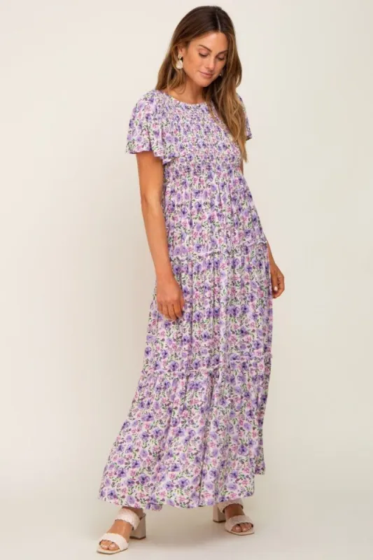 Lavender Floral Smocked Scoop Back Ruffle Hem Maxi Dress sold by Pinkblush