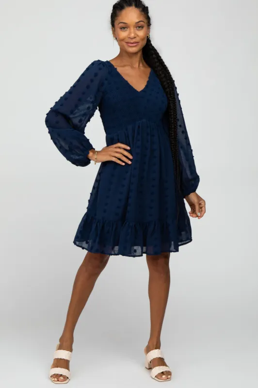 Navy Swiss Dot Smocked Baby Doll Dress sold by Pinkblush