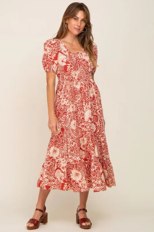 Rust Floral Tiered Midi Dress sold by Pinkblush