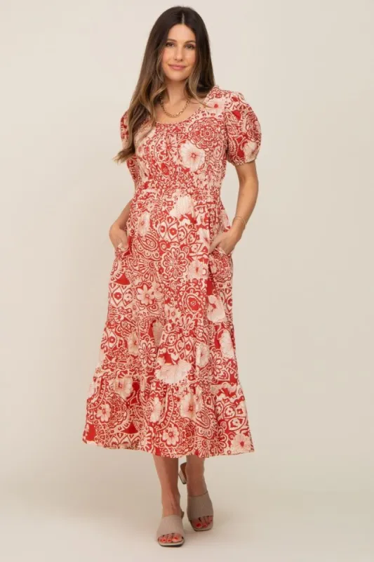 Rust Floral Tiered Maternity Midi Dress sold by Pinkblush