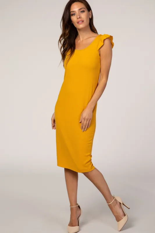 Mustard Flounce Sleeve Ribbed Dress sold by Pinkblush