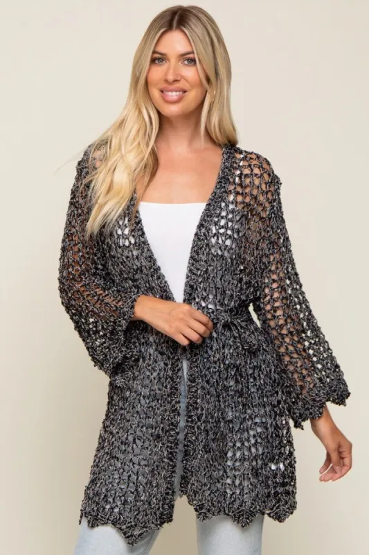 Black Open Knit Waist Tie Cardigan sold by Pinkblush