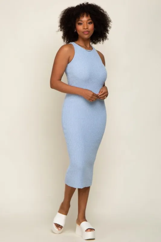 Light Blue Sleeveless Ribbed Knit Fitted Midi Dress sold by Pinkblush