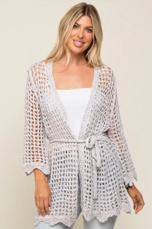 Light Grey Open Knit Waist Tie Cardigan sold by Pinkblush