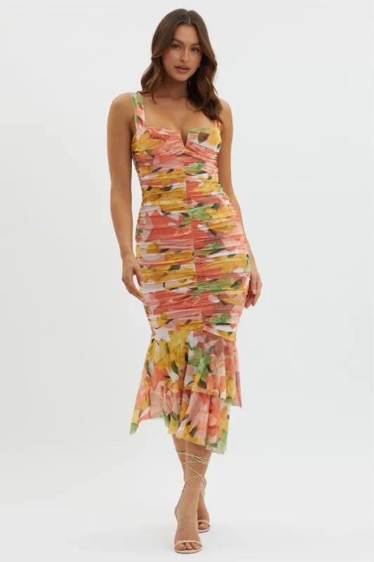 Orange Floral Print V Bust Line Midi Dress sold by Pinkblush