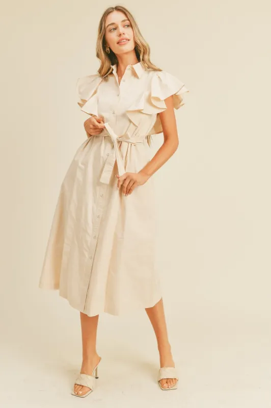 Beige Button Down Flutter Sleeve Midi Dress sold by Pinkblush