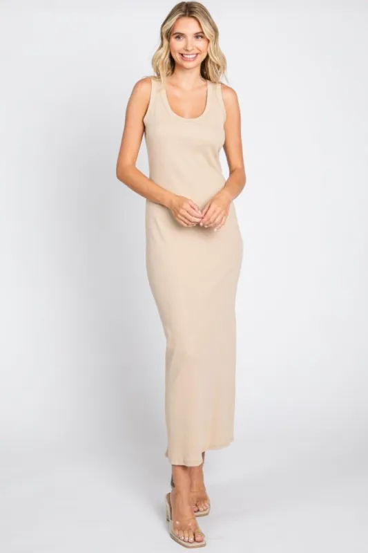 Beige Sleeveless Ribbed Maxi Dress sold by Pinkblush