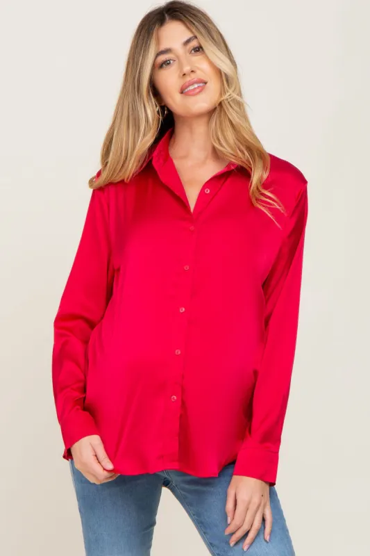 Red Satin Button Down Long Sleeve Maternity Top sold by Pinkblush