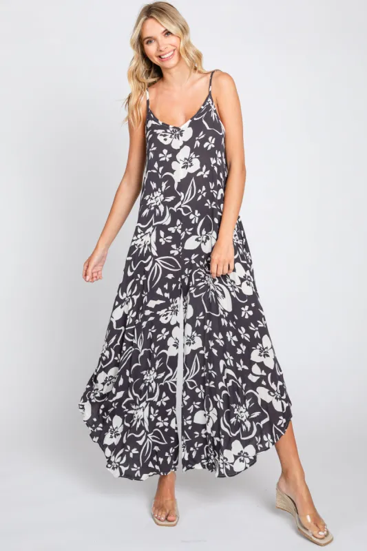 Charcoal Tropical Floral V-Neck Round Hem Jumpsuit sold by Pinkblush