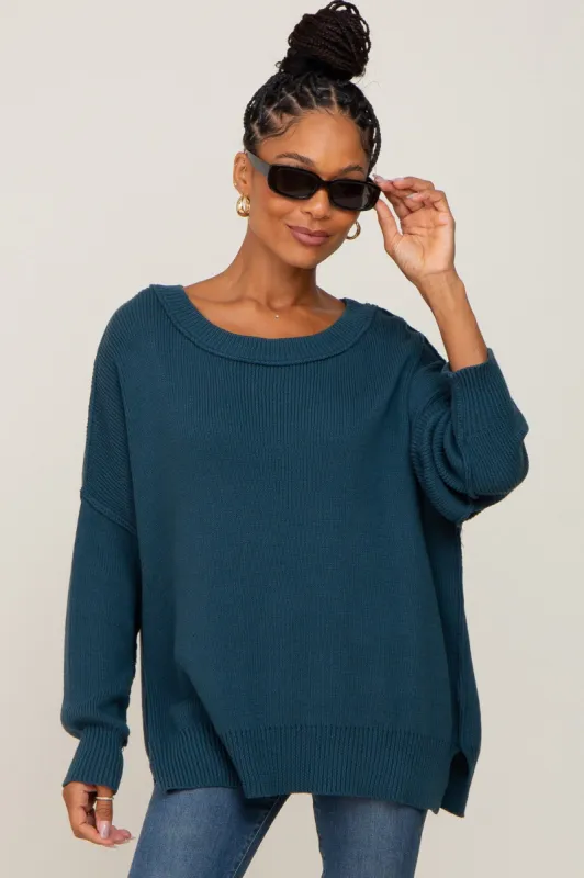 Teal Exposed Seam Side Slit Sweater sold by Pinkblush