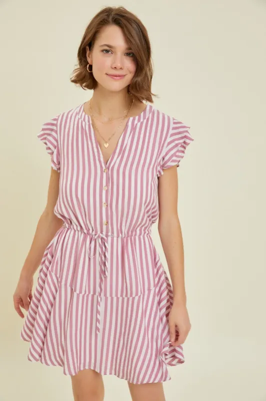 Berry Button-Down Stripe Flare Dress With Lining sold by Pinkblush