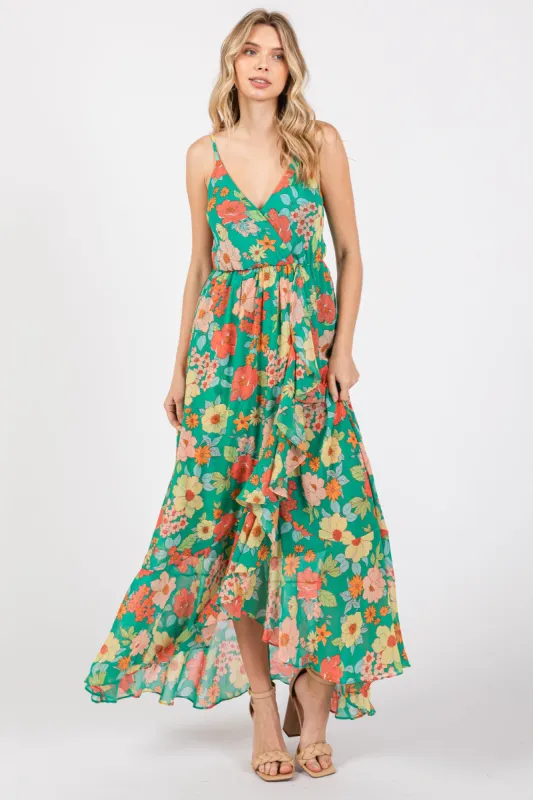 Green Floral Chiffon Ruffle Hi-Low Sleeveless Midi Dress sold by Pinkblush