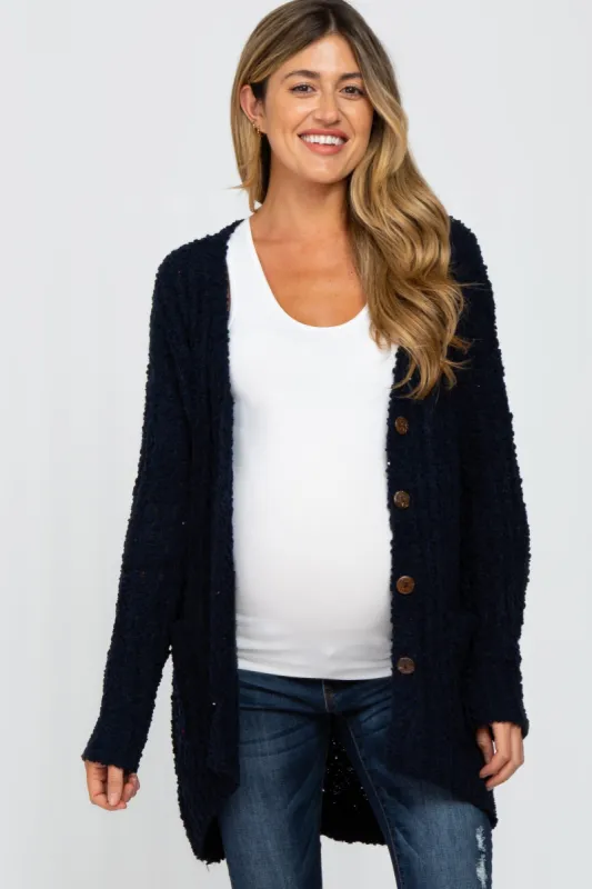 Navy Blue Popcorn Knit Hi-Low Maternity Cardigan sold by Pinkblush