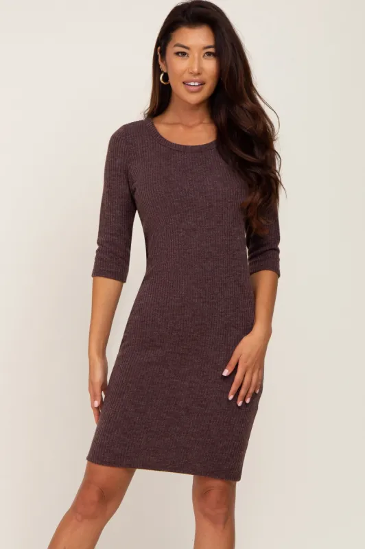 Brown Ribbed 3/4 Sleeve Dress sold by Pinkblush