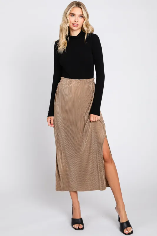 Mocha Pleated Side Slit Midi Skirt sold by Pinkblush