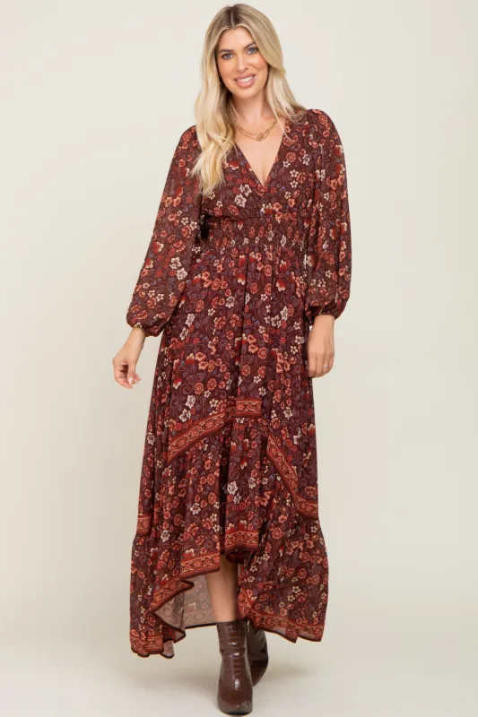 Brown Floral Hi-Lo Train Maxi Dress sold by Pinkblush