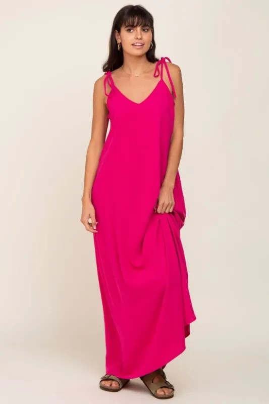 Fuchsia Linen V-Neck Tie Strap Maxi Dress sold by Pinkblush