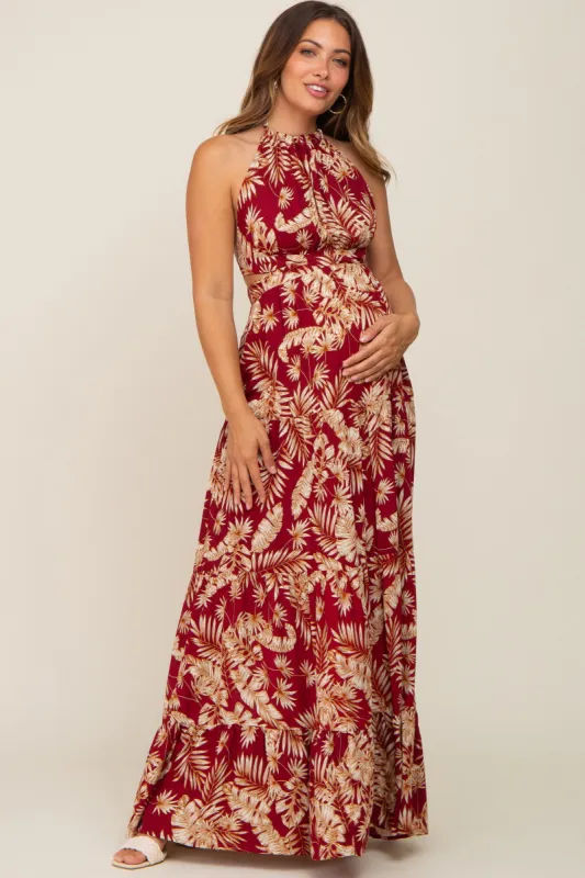 Burgundy Palm Open Back Halter Tiered Maternity Maxi Dress sold by Pinkblush