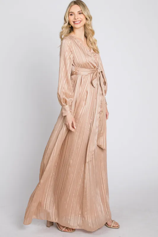 Taupe Striped Shimmer Chiffon Maxi Dress sold by Pinkblush