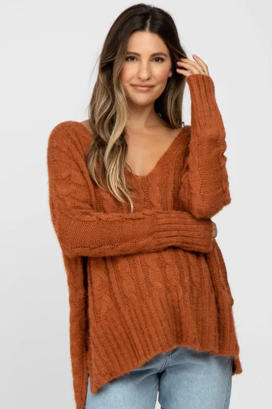 Camel V-Neck Side Slit Cable Knit Maternity Sweater sold by Pinkblush