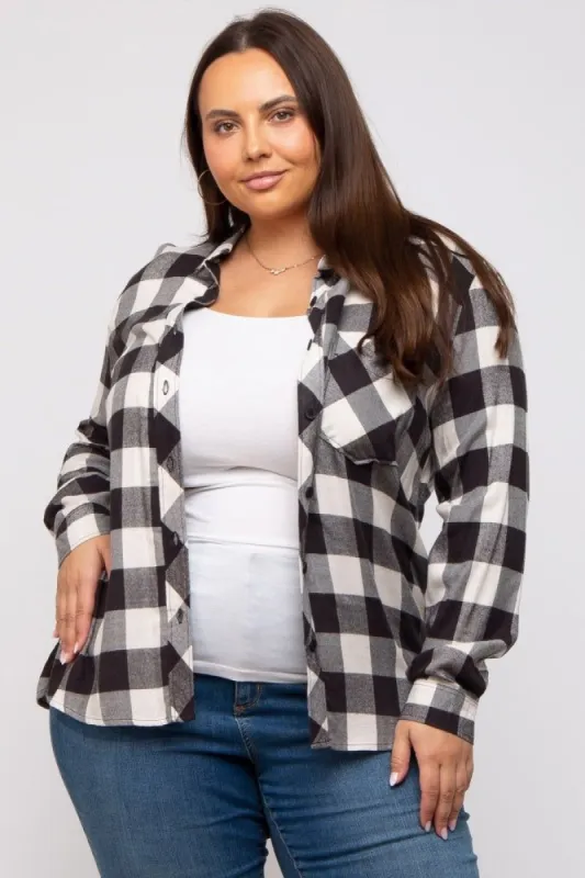 Cream Checkered Plus Long Sleeve Button Down Top sold by Pinkblush