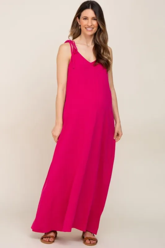 Fuchsia Linen V-Neck Tie Strap Maternity Maxi Dress sold by Pinkblush
