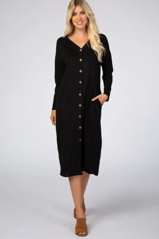 Black Button Down Long Sleeve Midi Dress sold by Pinkblush