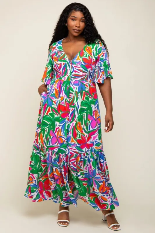 White Floral Button Front Flutter Short Sleeve Plus Maxi Dress sold by Pinkblush