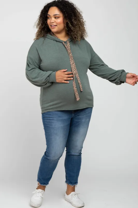 Olive Animal Print Drawstring Maternity Plus Hooded Top sold by Pinkblush