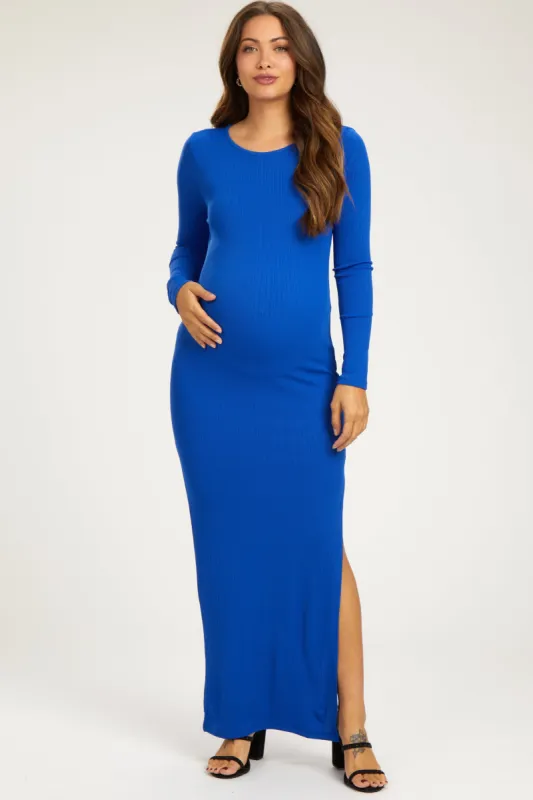 Royal Blue Ribbed Long Sleeve Side Slit Maternity Maxi Dress sold by Pinkblush