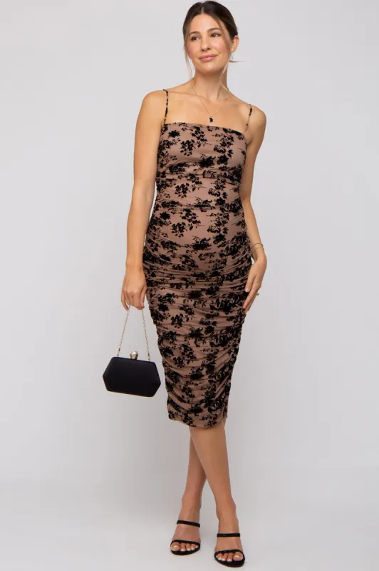 Taupe Mesh Velvet Floral Ruched Maternity Midi Dress sold by Pinkblush
