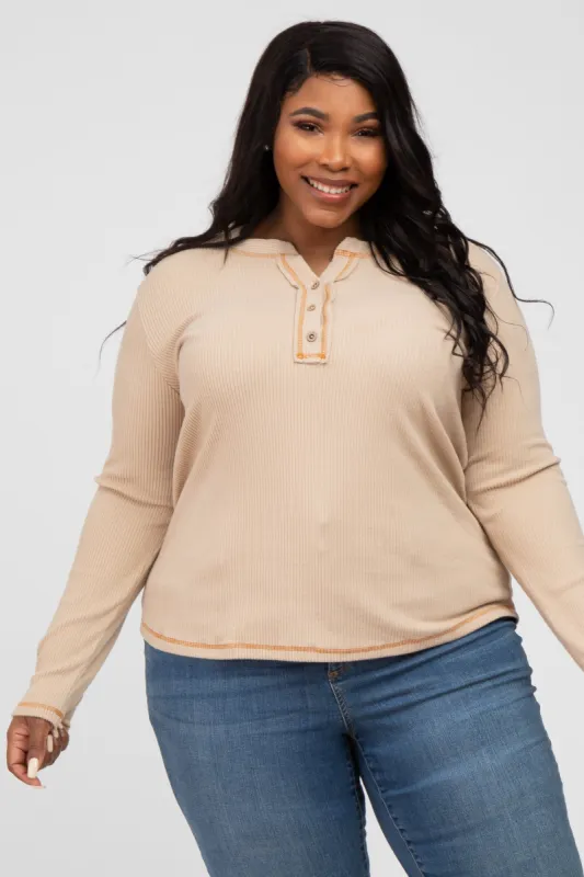 Beige Ribbed Top Stitch Long Sleeve Plus Top sold by Pinkblush