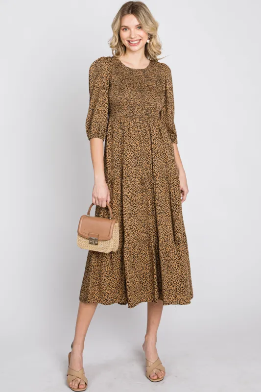 Camel Animal Print Smocked Midi Dress sold by Pinkblush