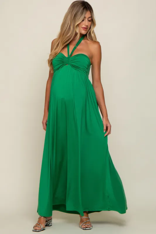 Green Front Knot Halter Maternity Maxi Dress sold by Pinkblush