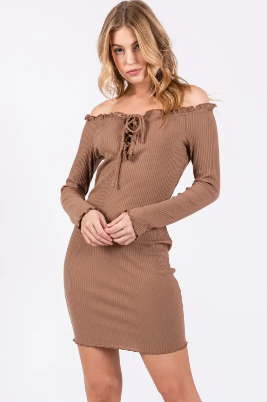 Brown Ruffle Off Shoulder Fitted Mini Dress sold by Pinkblush