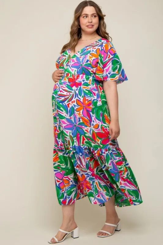 White Floral Button Front Flutter Short Sleeve Maternity Plus Maxi Dress sold by Pinkblush