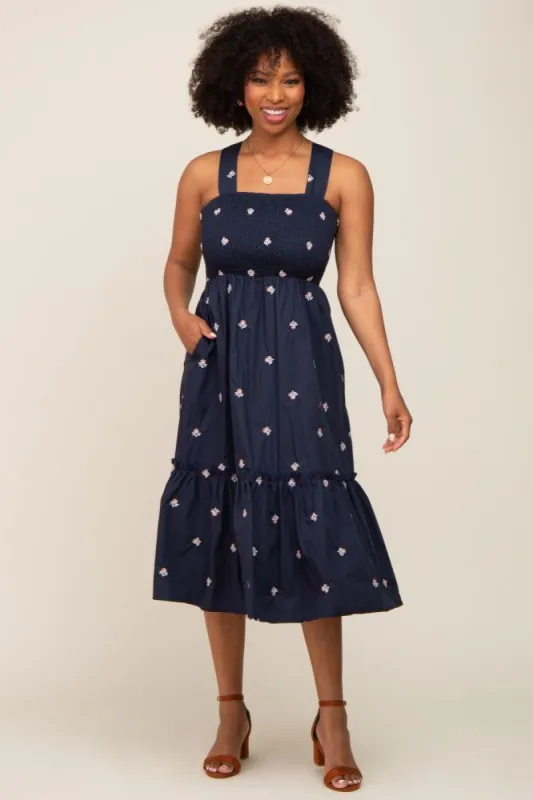 Navy Blue Sleeveless Floral Embroidered Midi Dress sold by Pinkblush