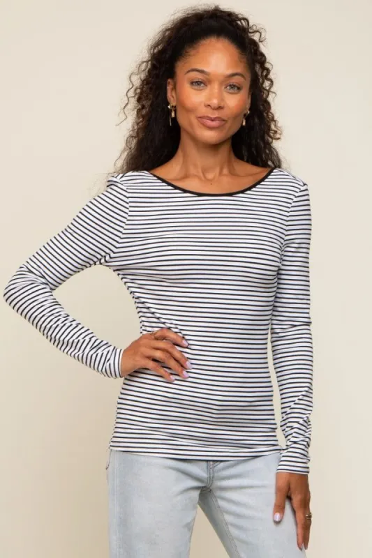 Ivory Striped Long Sleeve Scoop Back Top sold by Pinkblush