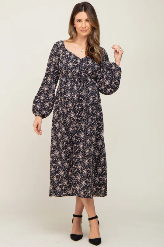 Black Cinched Tie Waist Maternity Midi Dress sold by Pinkblush