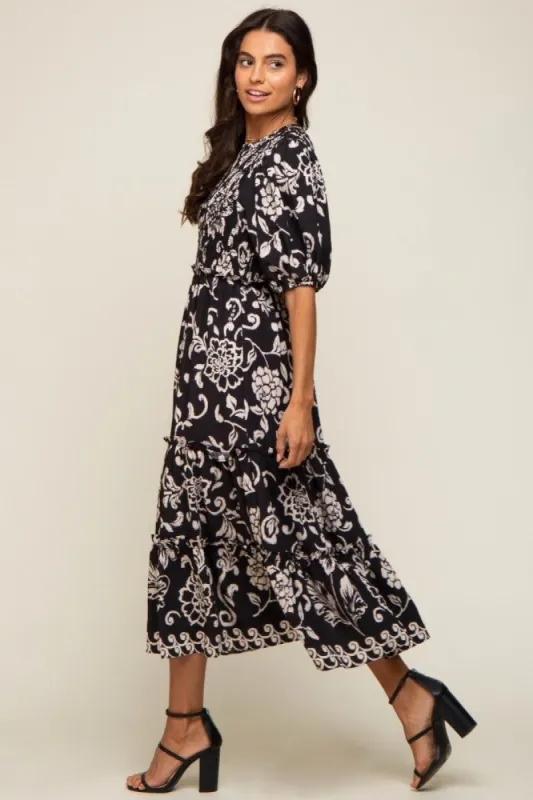 Black Floral Smocked Ruffle Tiered Midi Dress sold by Pinkblush