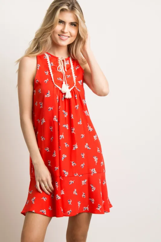 Red Floral Crochet Tassel Tie Shift Dress sold by Pinkblush