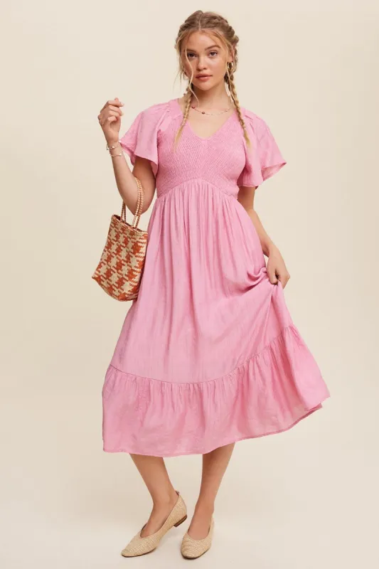 Pink V-Neck Smocked Ruffle Sleeve Maxi Dress sold by Pinkblush