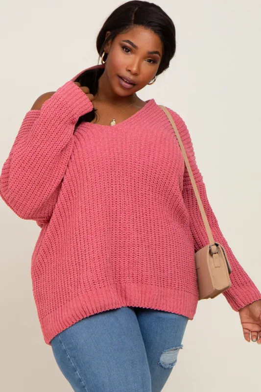 Salmon Chenille Knit V-Neck Plus Sweater sold by Pinkblush