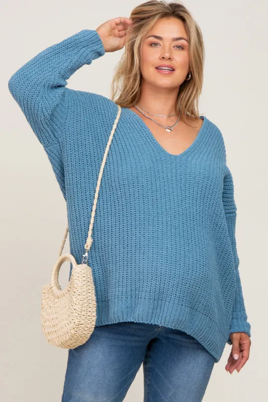 Blue Chenille Knit V-Neck Maternity Plus Sweater sold by Pinkblush
