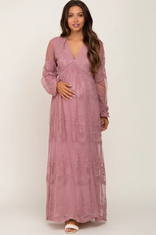 PinkBlush Mauve Lace Mesh Overlay Long Sleeve Maternity Maxi Dress sold by Pinkblush